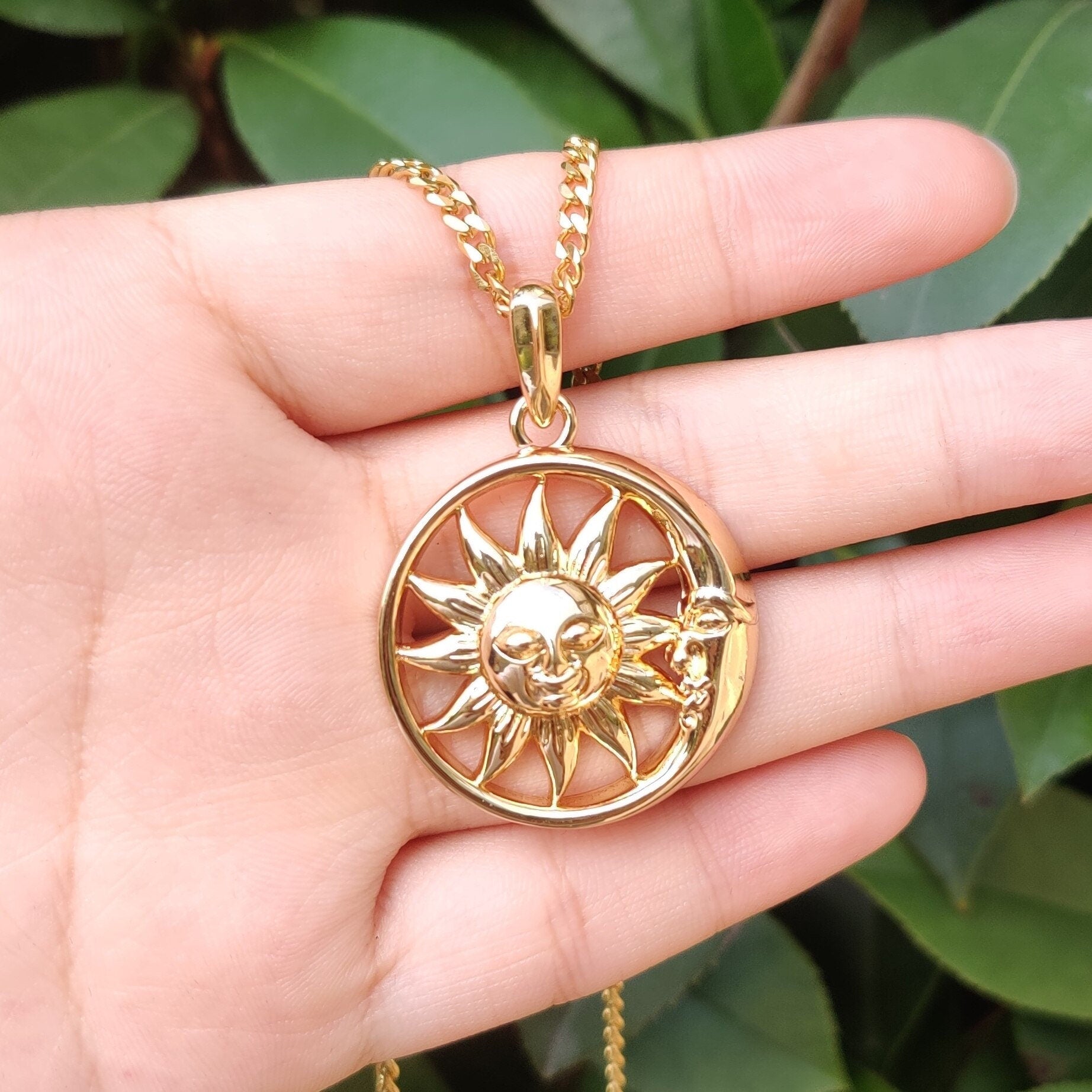 18K Gold Sun Necklace, Gold Moon Necklace, Gothic Fashion Necklace for Women, Gift for Her