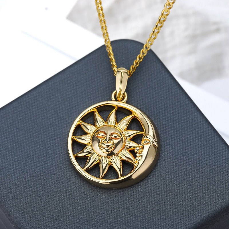 18K Gold Sun Necklace, Gold Moon Necklace, Gothic Fashion Necklace for Women, Gift for Her