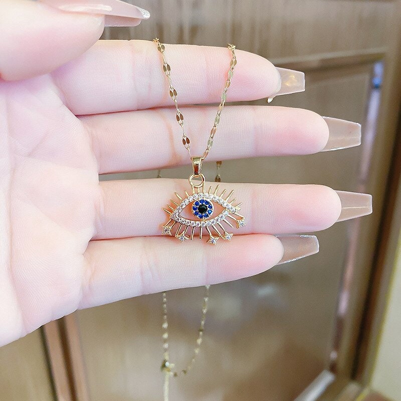Delicate Evil Eye Necklace, Crystal Evil Eye Necklace, 18K Gold Evil Eye Necklace for Women, Gift for Her