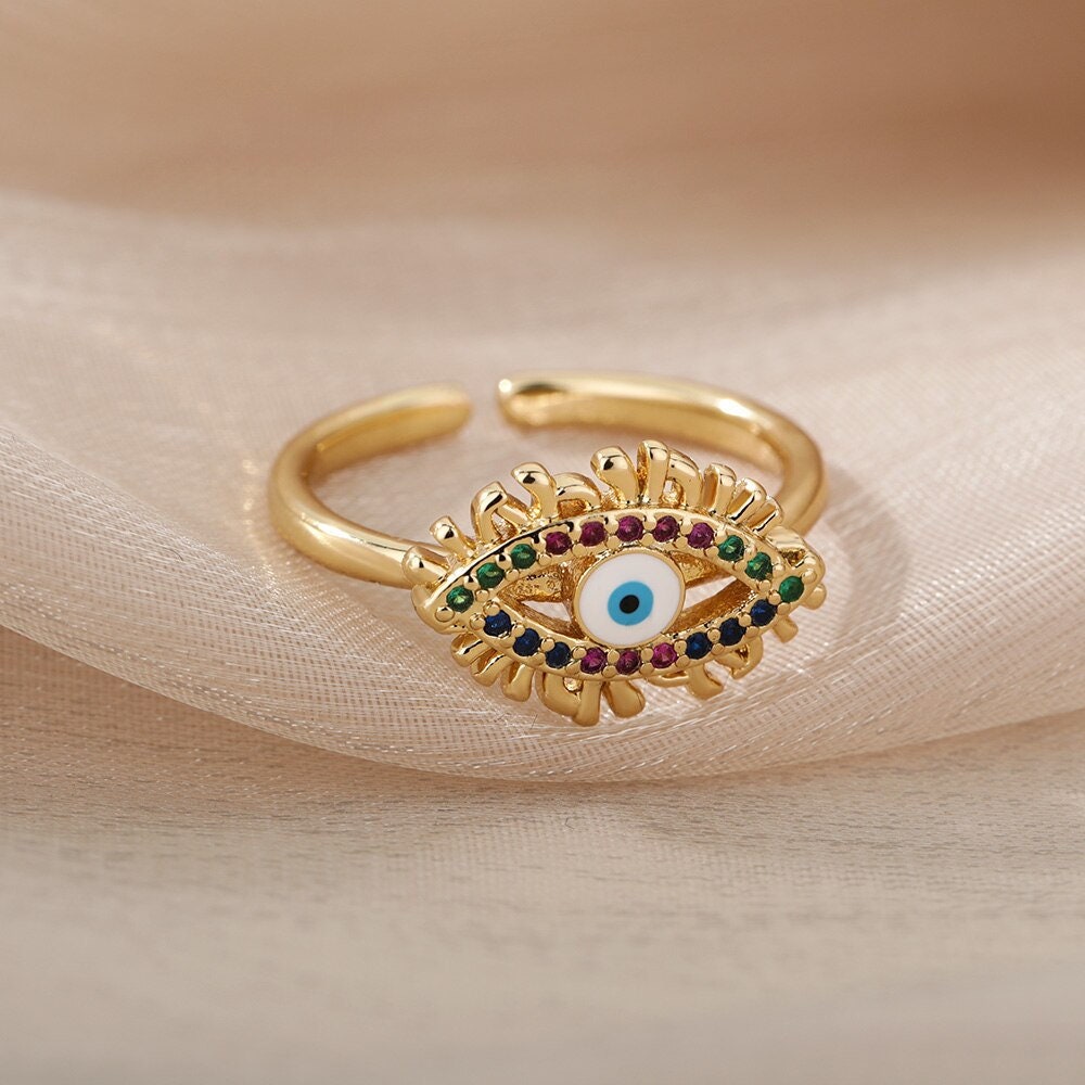 Gothic Evil Eye Ring, 18K Gold Evil Eye Ring, Gothic Sun Ring, Multicolor Evil Eye Ring, Fashion Ring for Women, Gift for Her