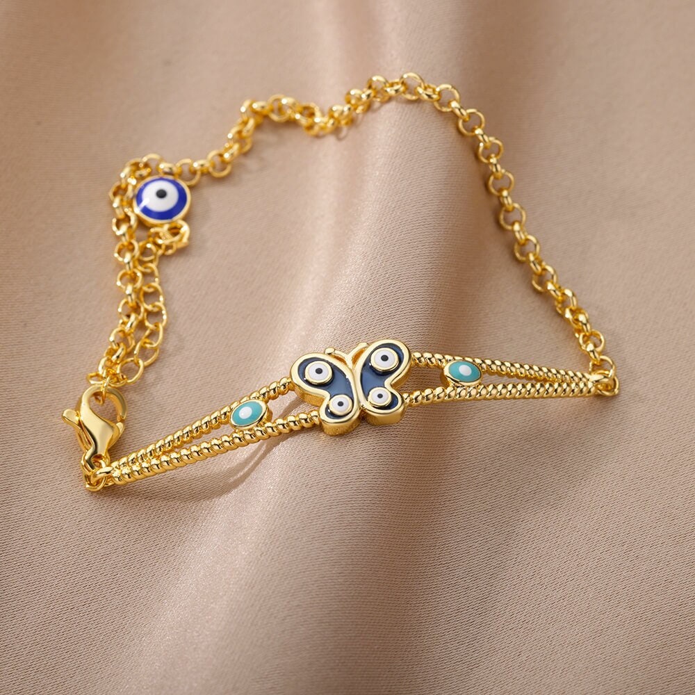 Evil Eye Bracelet, Butterfly Evil Eye, Gothic Evil Eye, 18K Gold Evil Eye Bracelet for Women, Gift for Her