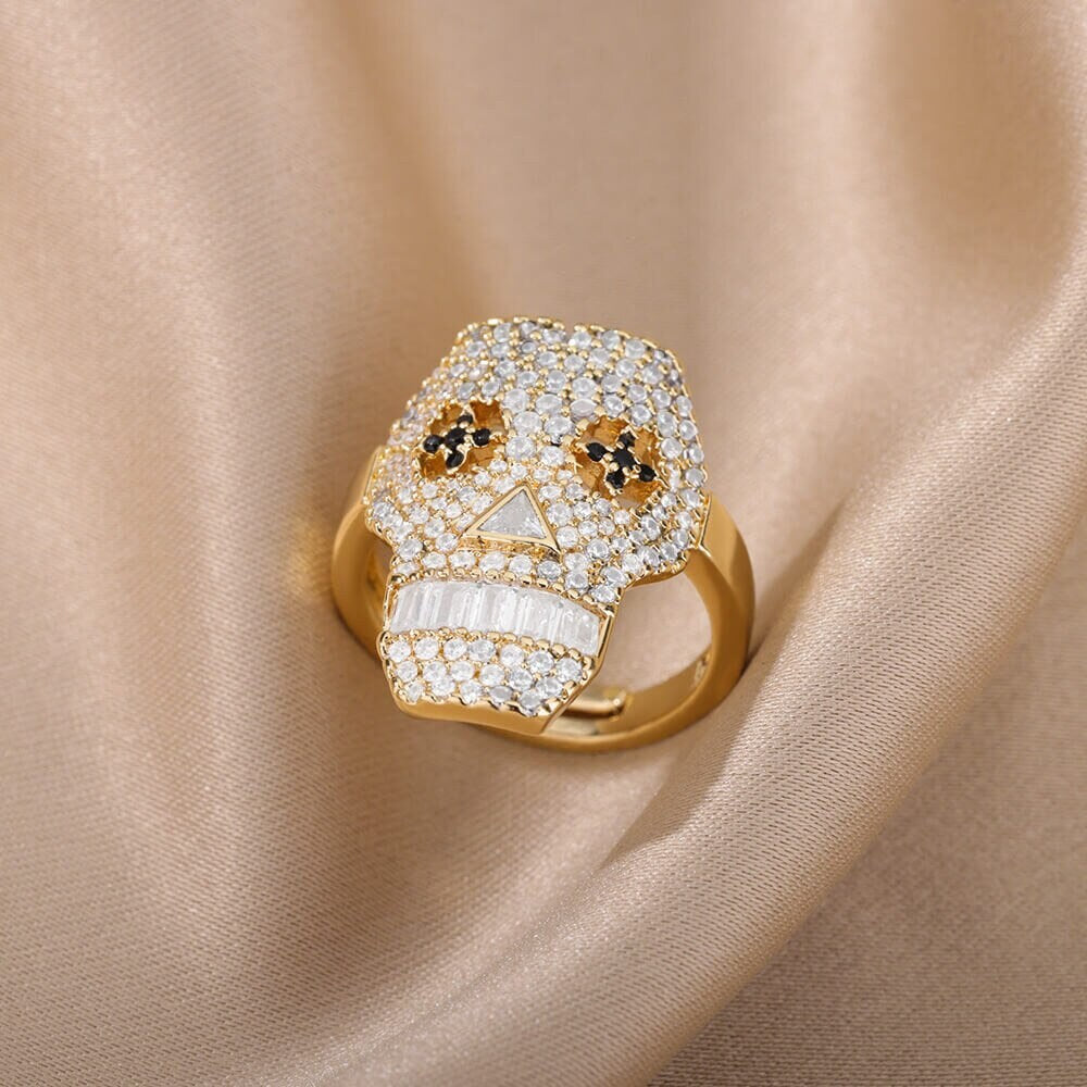 Punk Crystal Skull Face, 18K Gold Gothic Stackable Ring, Dainty Minimalist Jewelry, Delicate Handmade for Women, Gift for Her