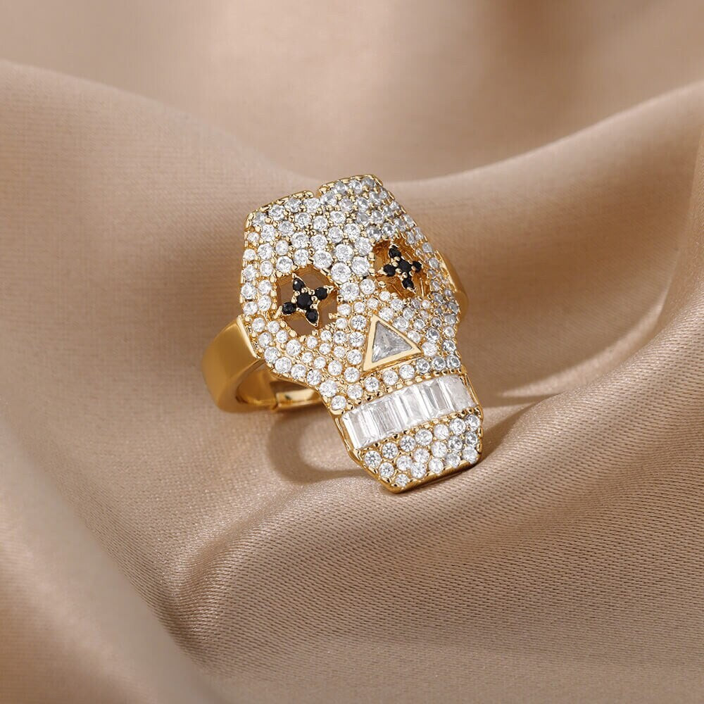 Punk Crystal Skull Face, 18K Gold Gothic Stackable Ring, Dainty Minimalist Jewelry, Delicate Handmade for Women, Gift for Her