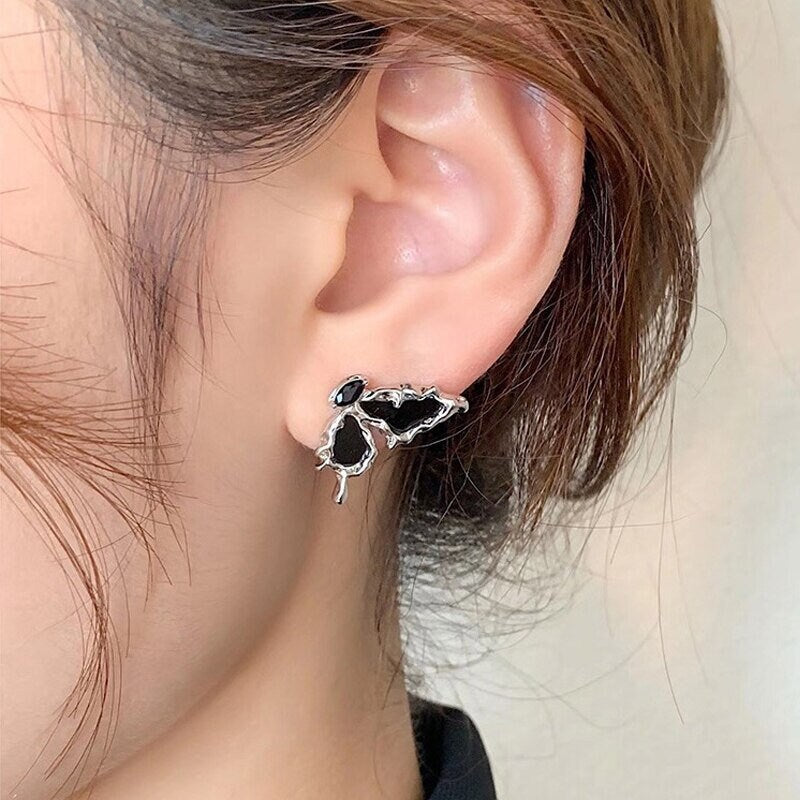 Punk Black Butterfly Wings, Silver Everyday Earrings, Gothic Dainty Minimalist Jewelry, Delicate Handmade for Women, Gift for Her