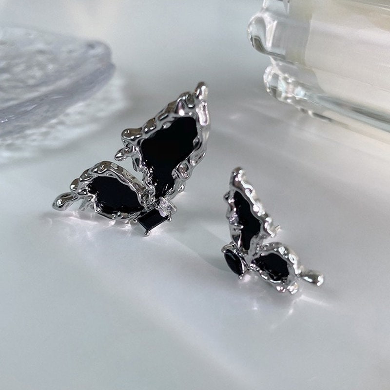 Punk Black Butterfly Wings, Silver Everyday Earrings, Gothic Dainty Minimalist Jewelry, Delicate Handmade for Women, Gift for Her