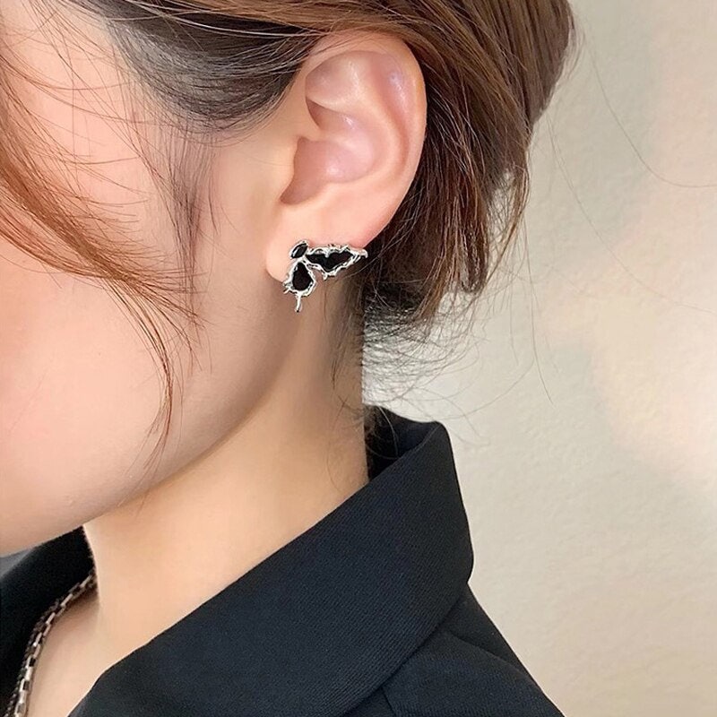 Punk Black Butterfly Wings, Silver Everyday Earrings, Gothic Dainty Minimalist Jewelry, Delicate Handmade for Women, Gift for Her