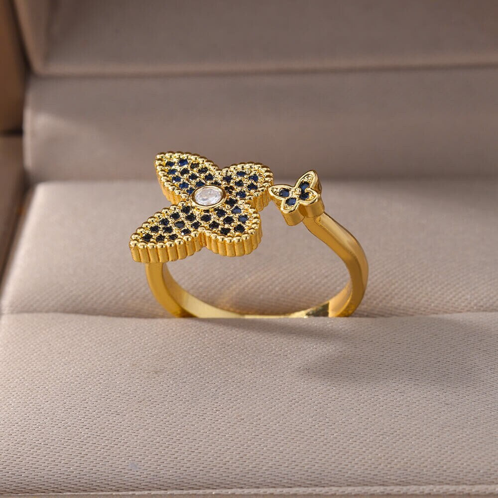 Punk Black Butterfly Charm, 18K Gold Gothic Stackable Ring, Dainty Minimalist Jewelry, Delicate Handmade for Women, Gift for Her