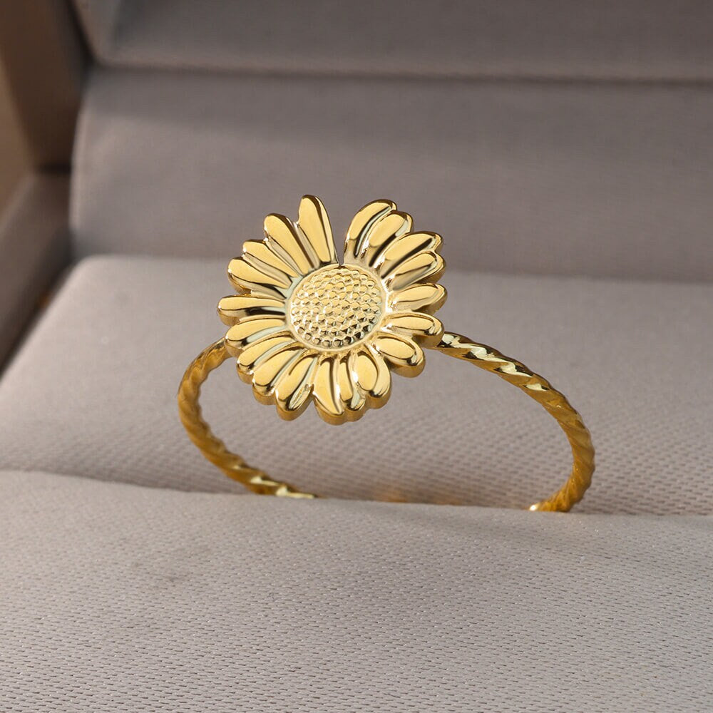 Boho Sunflower Charm, 18K Gold Yogi Stackable Ring, Dainty Minimalist Jewelry, Delicate Handmade for Women, Gift for Her