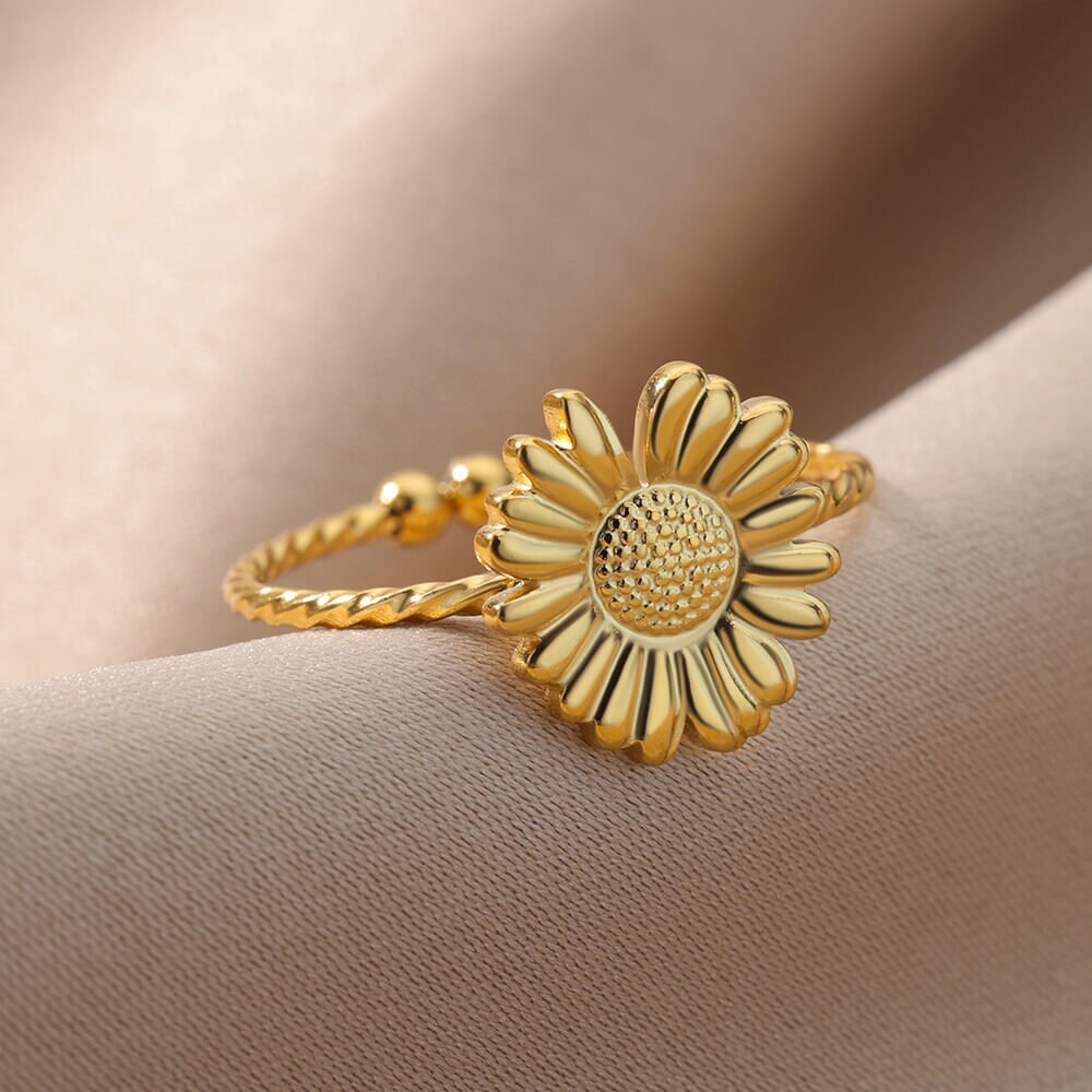 Boho Sunflower Charm, 18K Gold Yogi Stackable Ring, Dainty Minimalist Jewelry, Delicate Handmade for Women, Gift for Her