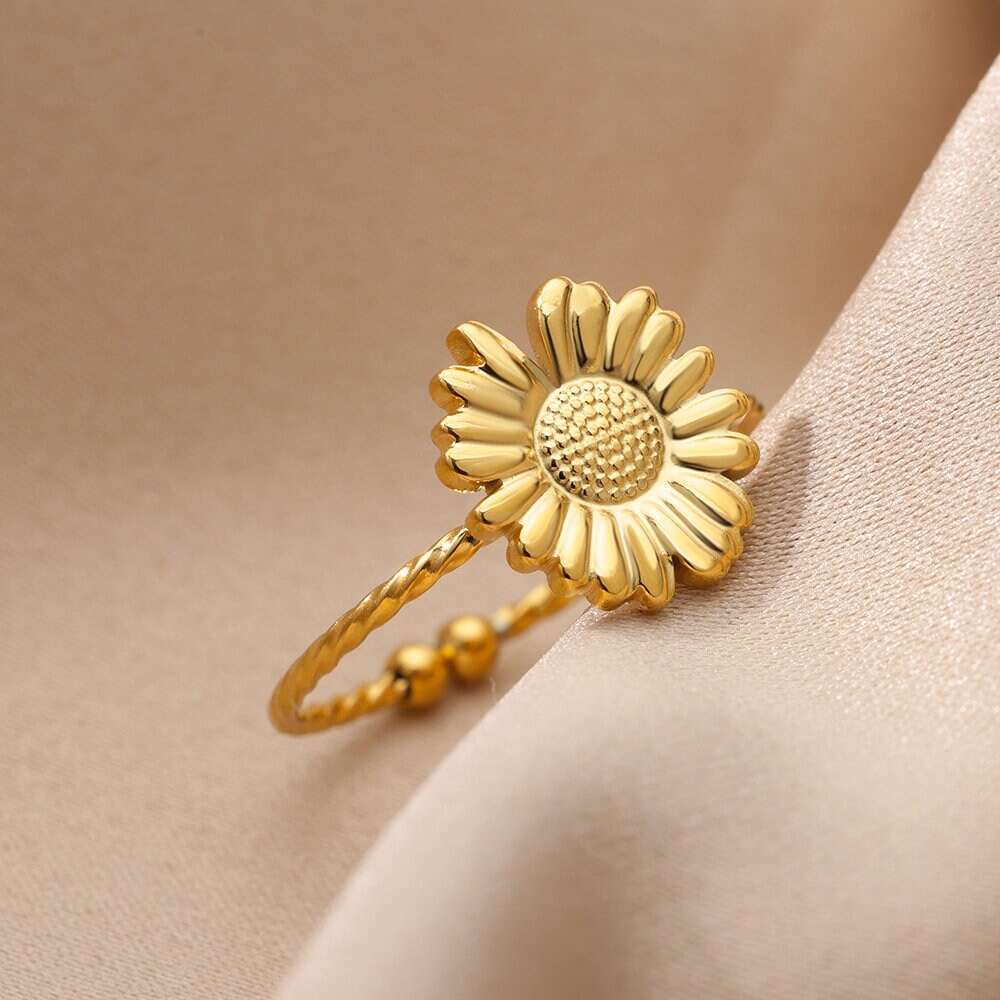 Boho Sunflower Charm, 18K Gold Yogi Stackable Ring, Dainty Minimalist Jewelry, Delicate Handmade for Women, Gift for Her