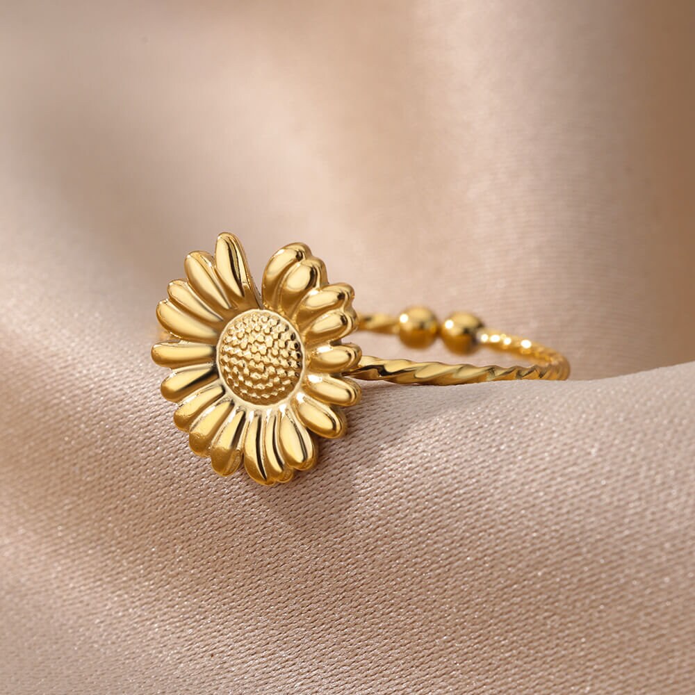 Boho Sunflower Charm, 18K Gold Yogi Stackable Ring, Dainty Minimalist Jewelry, Delicate Handmade for Women, Gift for Her