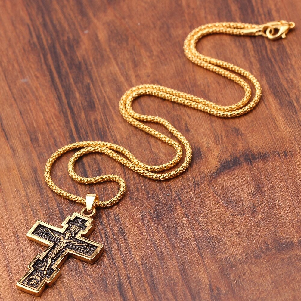 Catholic Jesus Cross Pendant, 18K Gold Layered Necklace, Gothic Dainty Minimalist Jewelry, Delicate Handmade for Women, Gift for Her