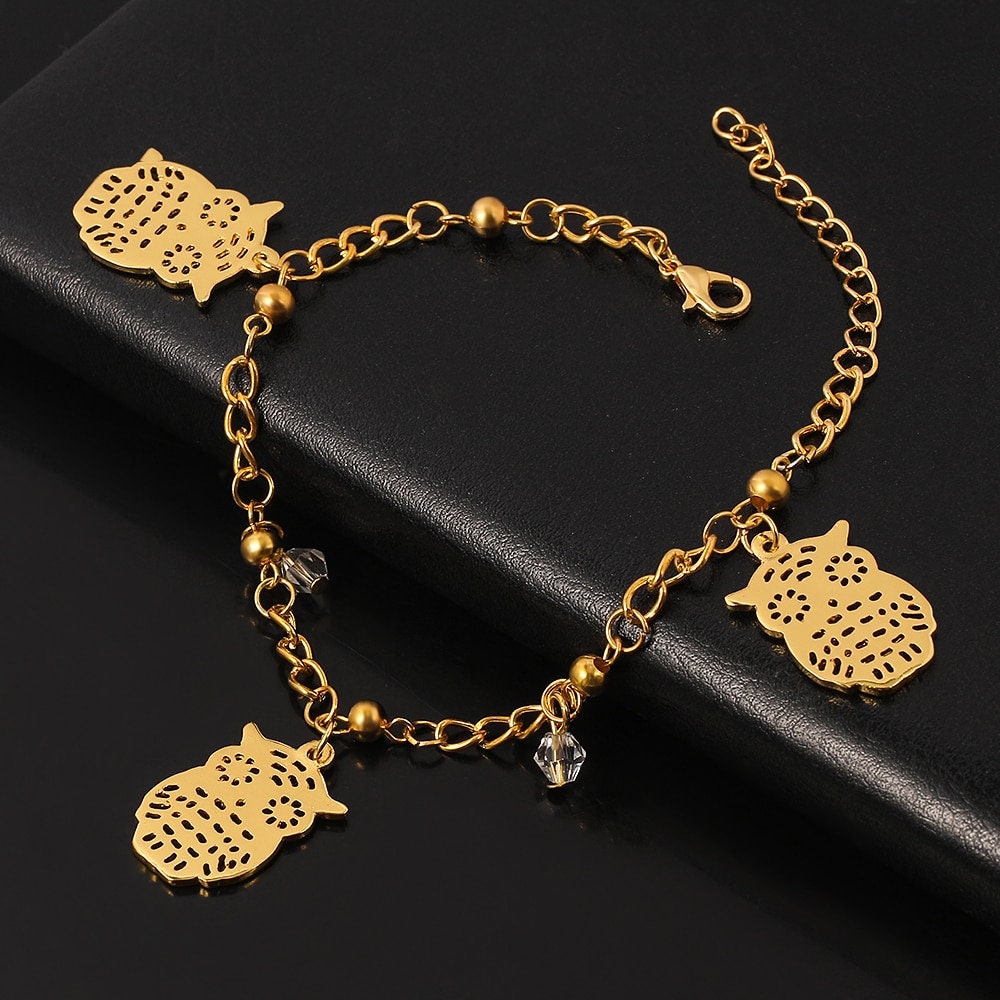 Punk Cute Wise Owl Charm, 18K Gold Layered Gothic Bracelet, Dainty Minimalist Jewelry, Delicate Handmade for Women, Gift for Her