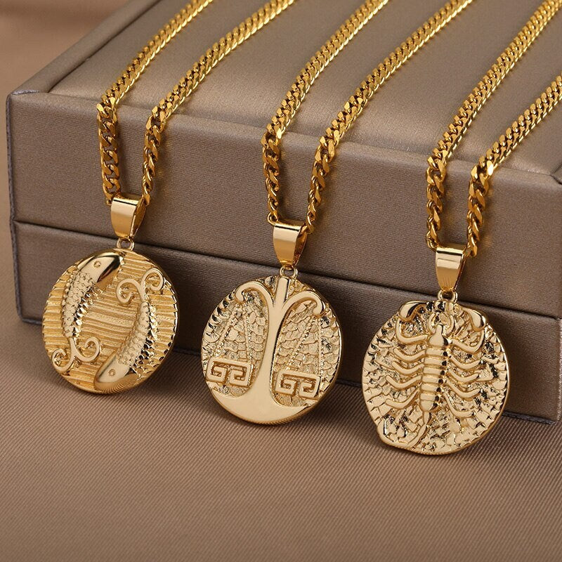Punk Organic Coin Horoscope Pendant, 18K Gold Layered Necklace, Gothic Dainty Minimalist Jewelry, Delicate Handmade for Women, Gift for Her