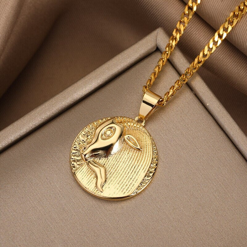 Punk Organic Coin Horoscope Pendant, 18K Gold Layered Necklace, Gothic Dainty Minimalist Jewelry, Delicate Handmade for Women, Gift for Her