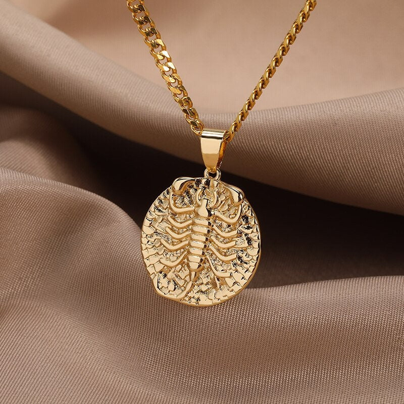 Punk Organic Coin Horoscope Pendant, 18K Gold Layered Necklace, Gothic Dainty Minimalist Jewelry, Delicate Handmade for Women, Gift for Her
