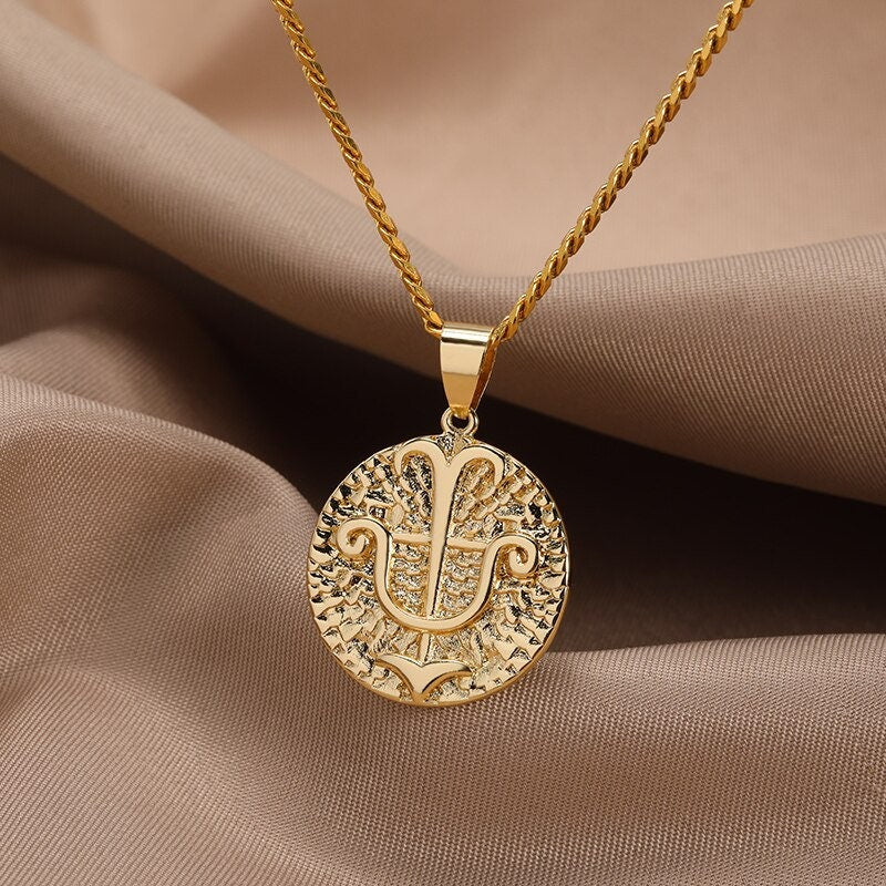 Punk Organic Coin Horoscope Pendant, 18K Gold Layered Necklace, Gothic Dainty Minimalist Jewelry, Delicate Handmade for Women, Gift for Her