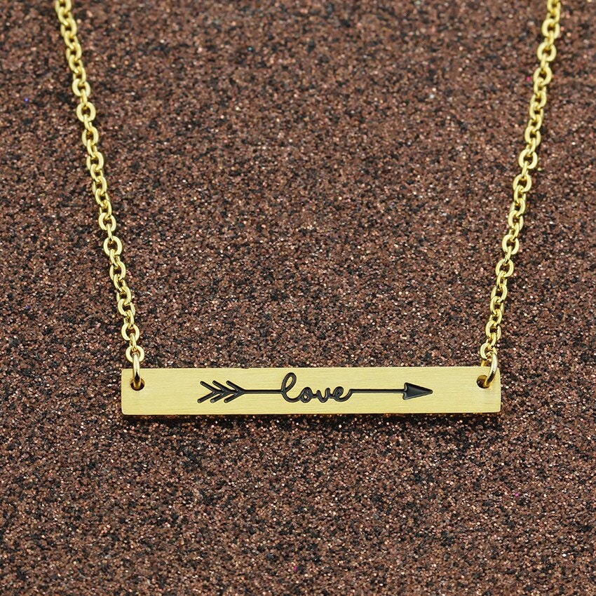 Boho Cute Arrow Love Bar Pendant, 18K Gold Layered Yogi Necklace, Dainty Minimalist Jewelry, Delicate Handmade for Women, Gift for Her