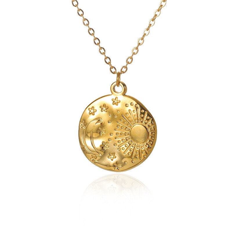 Punk Organic Celestial Coin Pendant, 18K Gold Layered Necklace, Gothic Dainty Minimalist Jewelry, Delicate Handmade for Women, Gift for Her