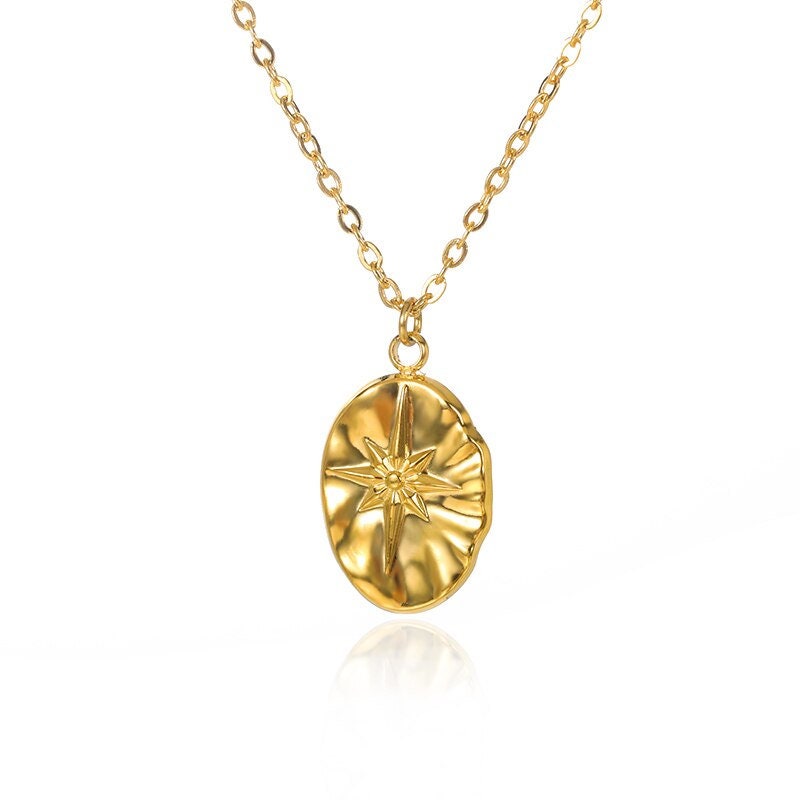 Punk Compass Star Coin Pendant, 18K Gold Layered Necklace, Gothic Dainty Minimalist Jewelry, Delicate Handmade for Women, Gift for Her