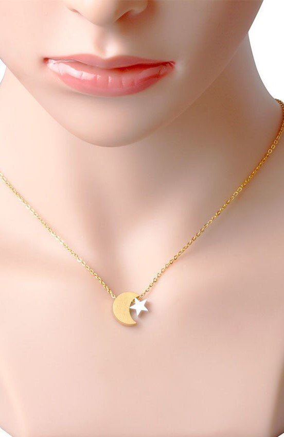 Boho Cute Moon Stars Pendant, 18K Gold Layered Yogi Necklace, Dainty Minimalist Jewelry, Delicate Handmade for Women, Gift for Her