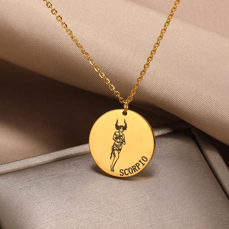 Punk Horoscope Zodiac Pendant, 18K Gold Layered Necklace, Gothic Dainty Minimalist Jewelry, Delicate Handmade for Women, Gift for Her