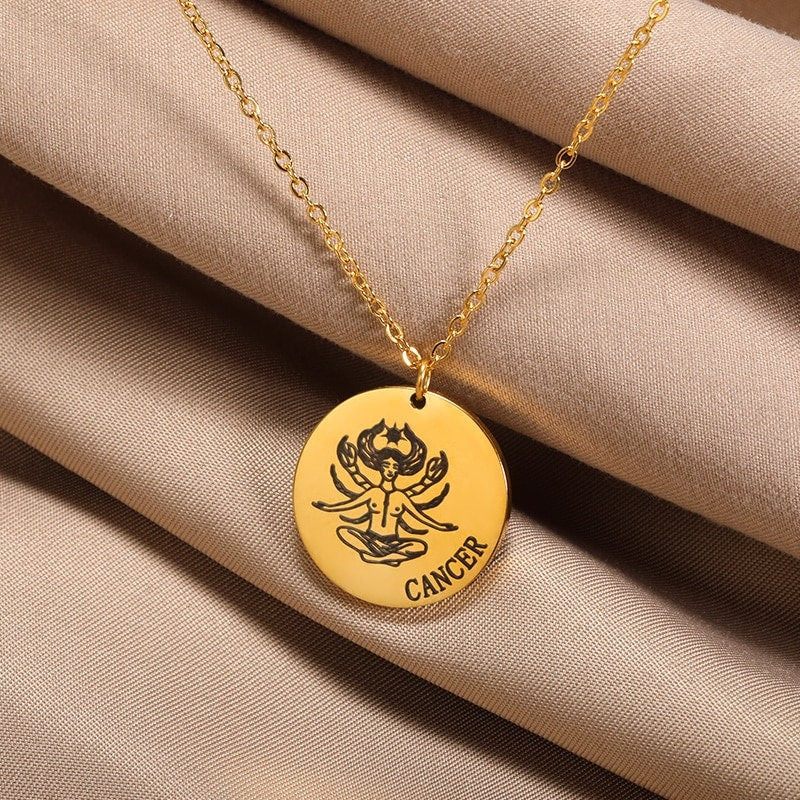 Punk Horoscope Zodiac Pendant, 18K Gold Layered Necklace, Gothic Dainty Minimalist Jewelry, Delicate Handmade for Women, Gift for Her
