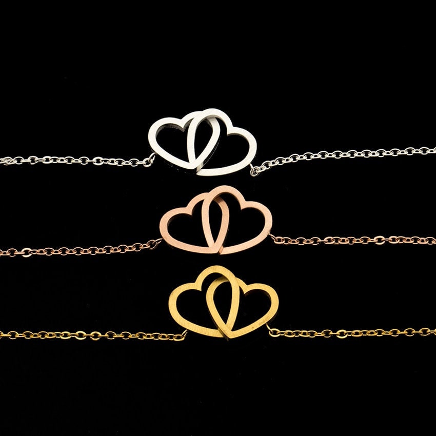 Boho Cute Double Cross Hearts, 18K Gold Layered Yogi Bracelet, Dainty Minimalist Jewelry, Delicate Handmade for Women, Gift for Her