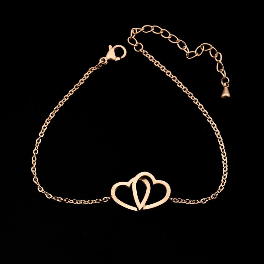 Boho Cute Double Cross Hearts, 18K Gold Layered Yogi Bracelet, Dainty Minimalist Jewelry, Delicate Handmade for Women, Gift for Her