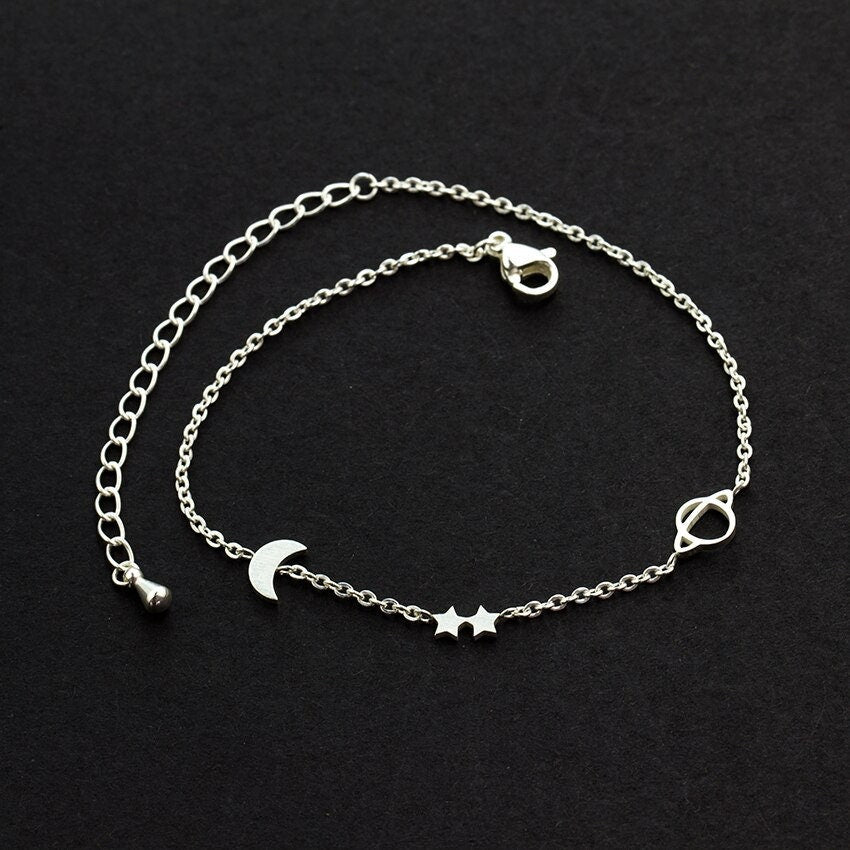 Punk Moon and Stars, 18K Gold Layered Gothic Bracelet, Dainty Minimalist Jewelry, Delicate Handmade for Women, Gift for Her