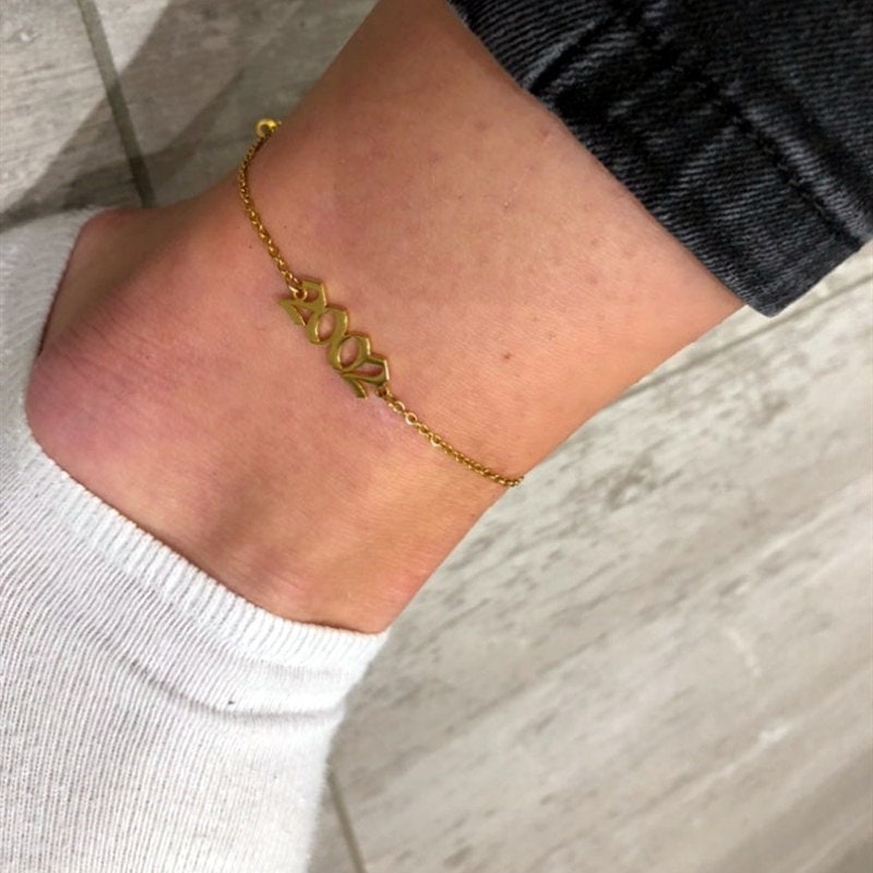 Custom Birth Year Date , 18K Gold Layered Personalized Anklet, Dainty Minimalist Jewelry, Delicate Handmade for Women, Gift for Her