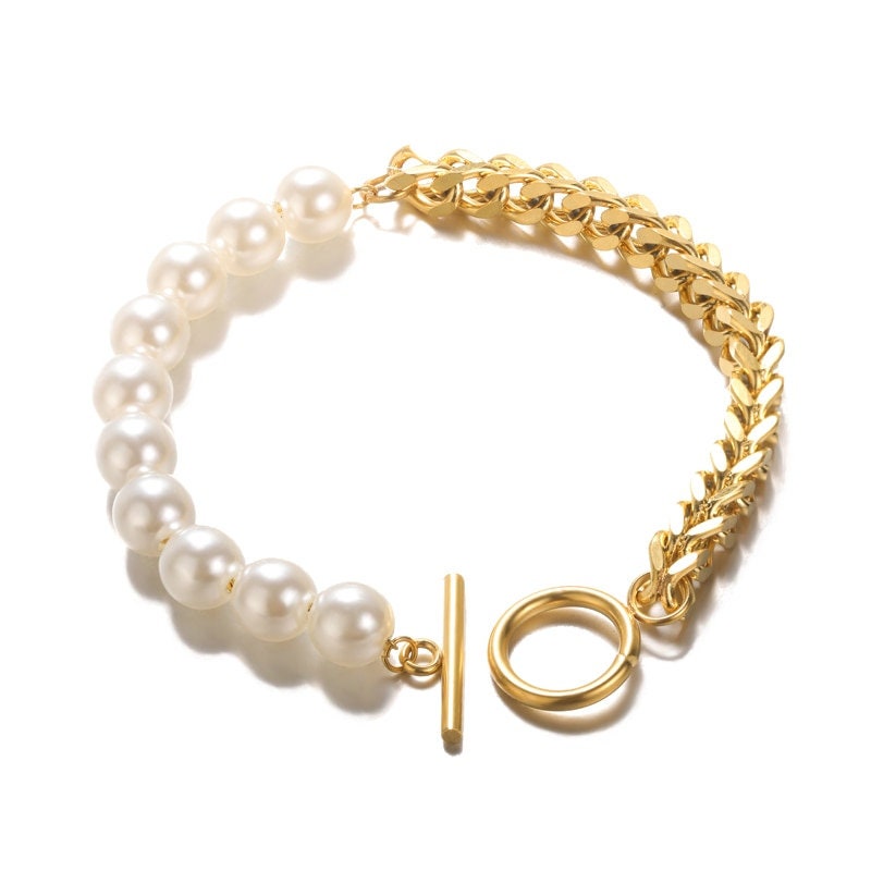 Punk Large Pearl Elegant, 18K Gold Layered Gothic Bracelet, Dainty Minimalist Jewelry, Delicate Handmade for Women, Gift for Her
