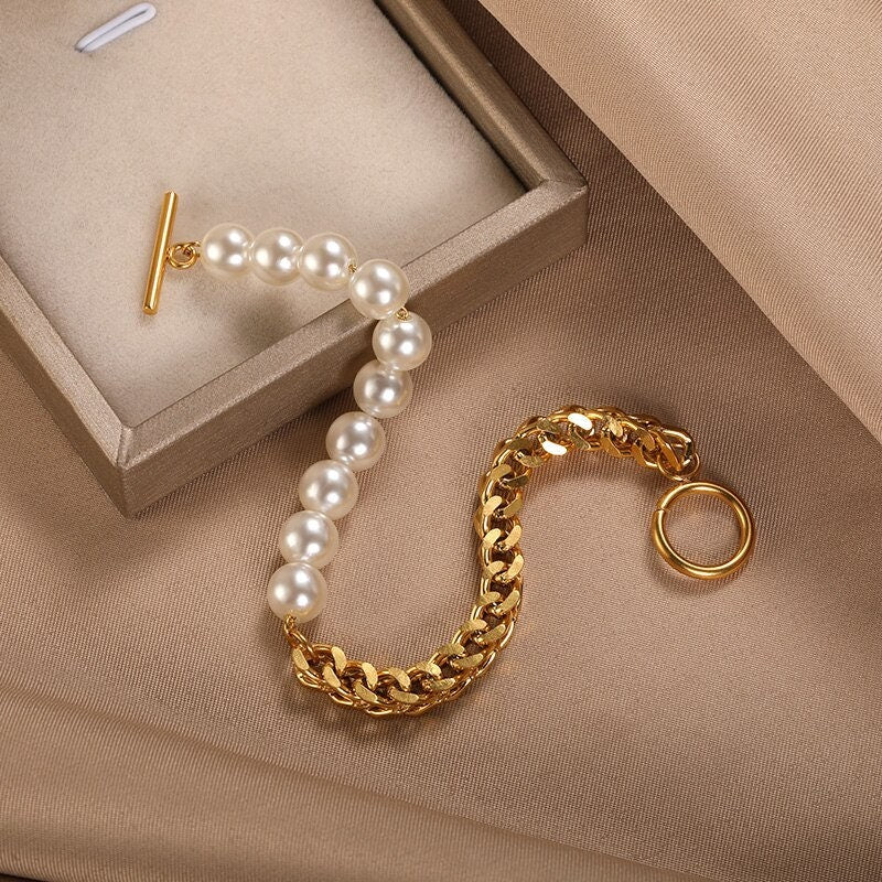 Punk Large Pearl Elegant, 18K Gold Layered Gothic Bracelet, Dainty Minimalist Jewelry, Delicate Handmade for Women, Gift for Her