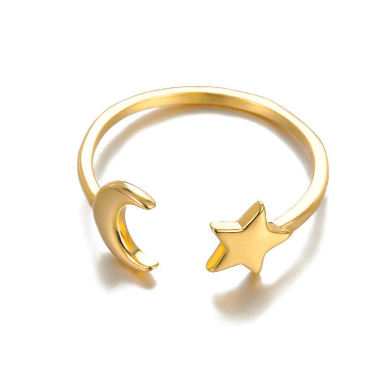 Boho Cute Moon Stars, 18K Gold Yogi Stackable Ring, Dainty Minimalist Jewelry, Delicate Handmade for Women, Gift for Her