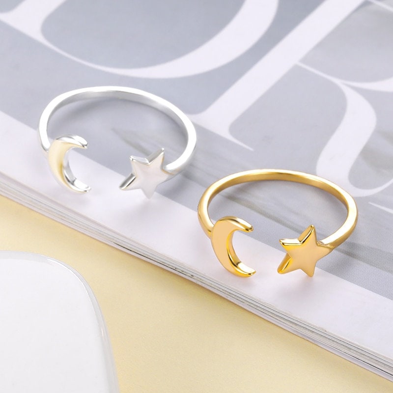 Boho Cute Moon Stars, 18K Gold Yogi Stackable Ring, Dainty Minimalist Jewelry, Delicate Handmade for Women, Gift for Her