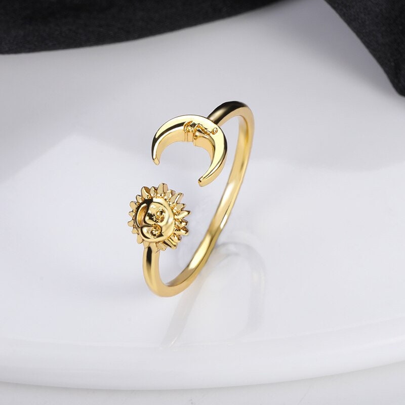 Punk Moon Sun Tarot, 18K Gold Gothic Stackable Ring, Dainty Minimalist Jewelry, Delicate Handmade for Women, Gift for Her