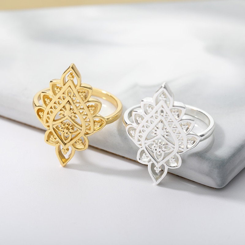 18K Gold Henna Ring, Gold Mandela Ring, Spiritual Fashion Ring for Women, Gift for Her
