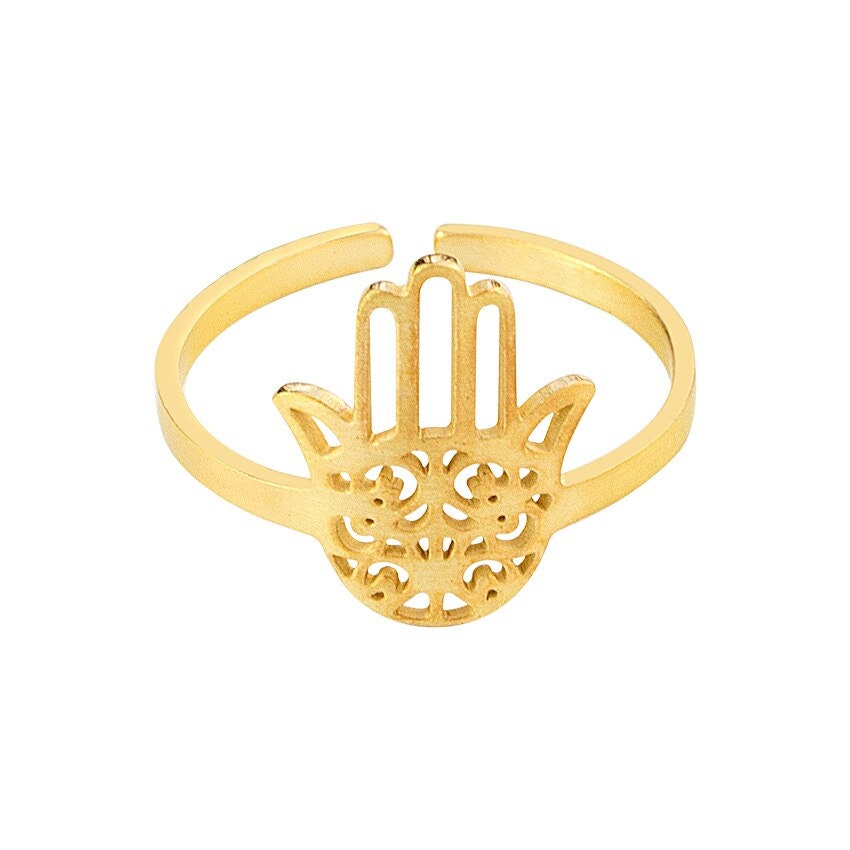Punk Fatima Hamsa Hand, 18K Gold Gothic Stackable Ring, Dainty Minimalist Jewelry, Delicate Handmade for Women, Gift for Her