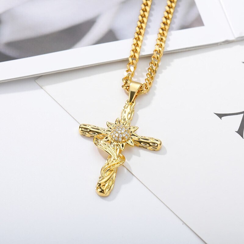 18K Gold Sunflower Necklace, Gold Cross Necklace, Christian Necklace for Women, Gift for Her