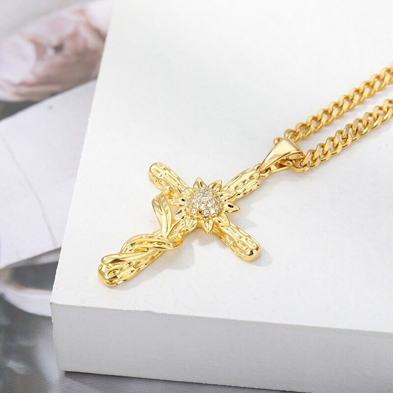 18K Gold Sunflower Necklace, Gold Cross Necklace, Christian Necklace for Women, Gift for Her
