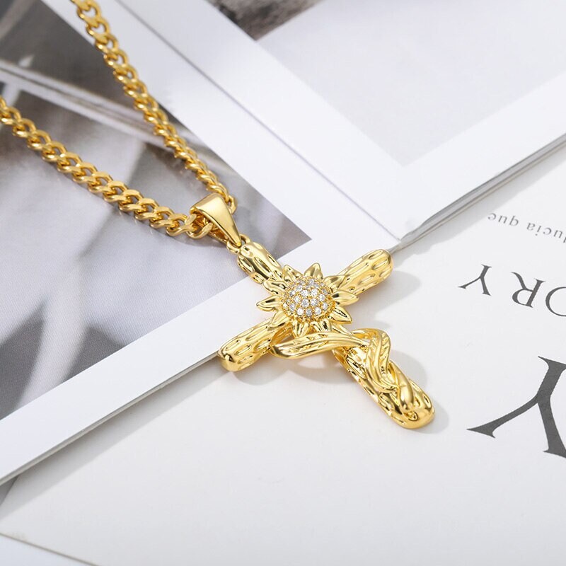 18K Gold Sunflower Necklace, Gold Cross Necklace, Christian Necklace for Women, Gift for Her