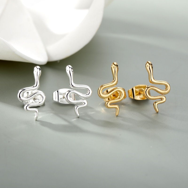 Gold Snake Studs, 18K Gold Everyday Earrings, Dainty Minimalist Jewelry, Punk Gothic Delicate Handmade  for Women, Gift for Her