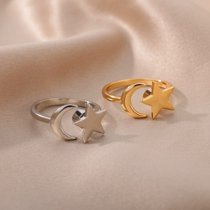 Boho Star Moon Celestial, 18K Gold Yogi Stackable Ring, Dainty Minimalist Jewelry, Delicate Handmade for Women, Gift for Her