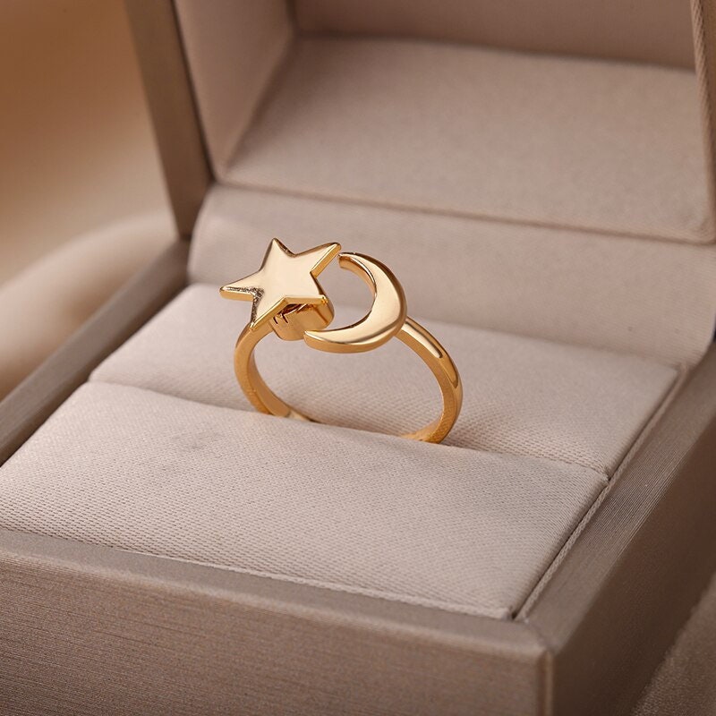 Boho Star Moon Celestial, 18K Gold Yogi Stackable Ring, Dainty Minimalist Jewelry, Delicate Handmade for Women, Gift for Her