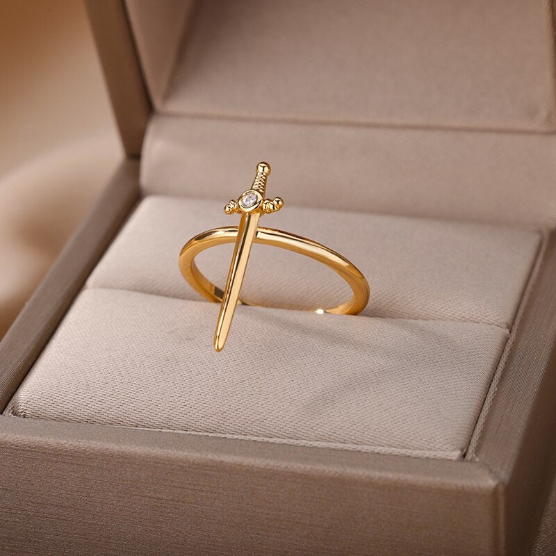 Punk Sword Charm Dagger, 18K Gold Gothic Stackable Ring, Dainty