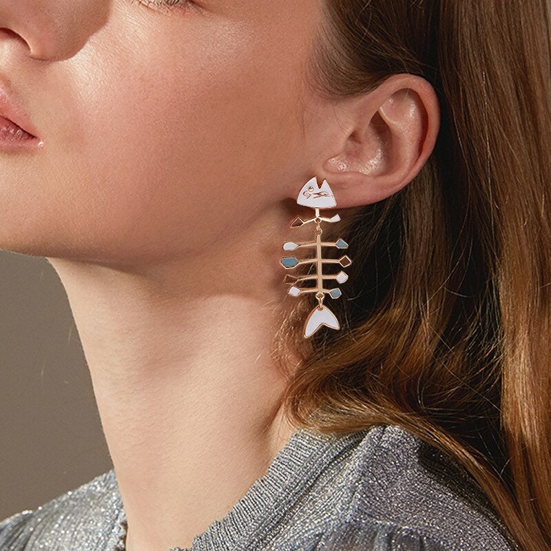 Punk Fish Bones Drop Dangle, 18K Gold Everyday Earrings, Gothic Dainty Minimalist Jewelry, Delicate Handmade for Women, Gift for Her