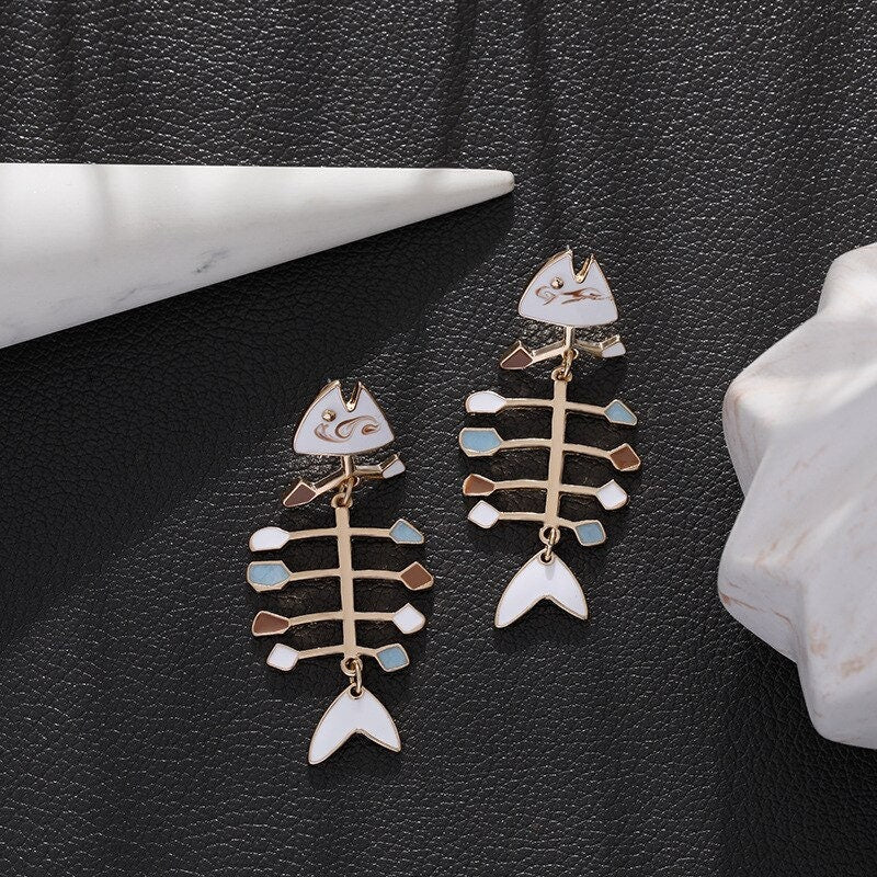Punk Fish Bones Drop Dangle, 18K Gold Everyday Earrings, Gothic Dainty Minimalist Jewelry, Delicate Handmade for Women, Gift for Her