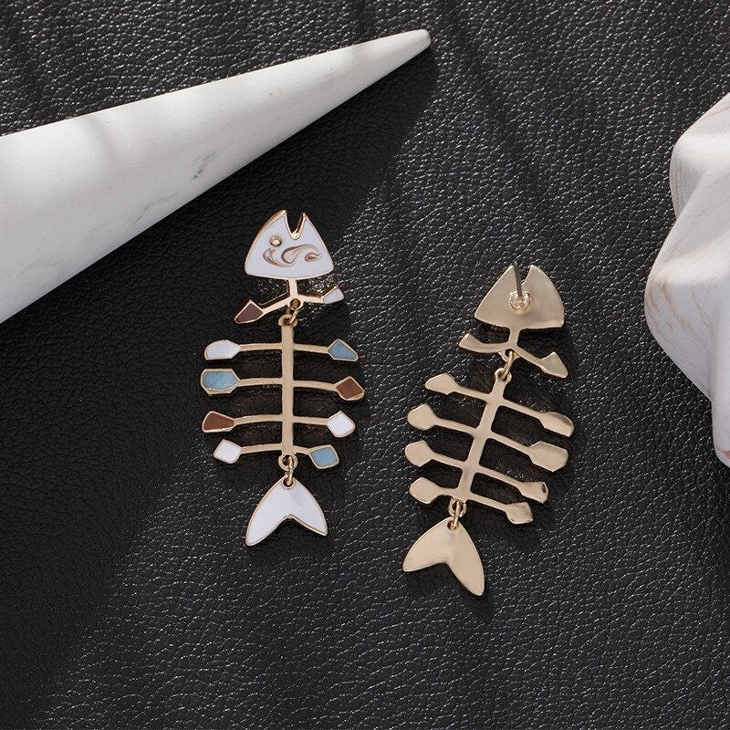 Punk Fish Bones Drop Dangle, 18K Gold Everyday Earrings, Gothic Dainty Minimalist Jewelry, Delicate Handmade for Women, Gift for Her