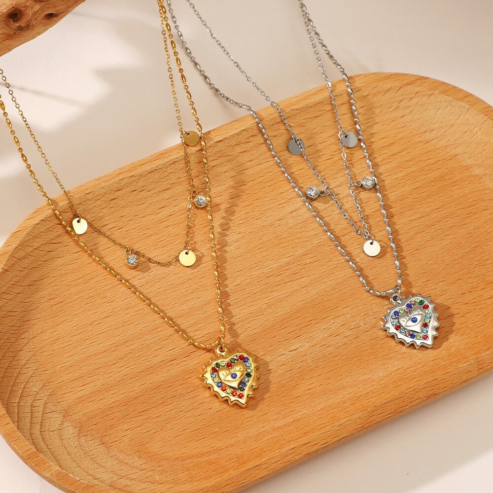 Punk Evil Eye Heart Pendant, 18K Gold Layered Necklace, Gothic Dainty Minimalist Jewelry, Delicate Handmade for Women, Gift for Her
