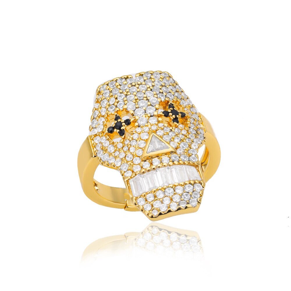 Punk Crystal Skull Face, 18K Gold Gothic Stackable Ring, Dainty Minimalist Jewelry, Delicate Handmade for Women, Gift for Her